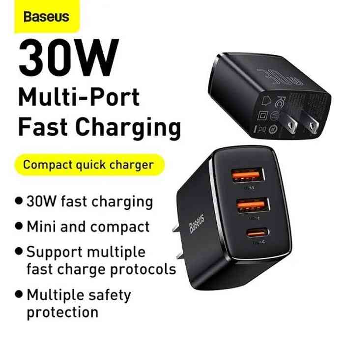 BASEUS Compact Quick Charger 30W 2U+C Type C PD Fast Charging 3 Ports USB